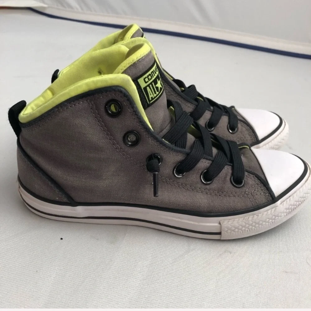 Converse mid-rise gray and neon yellow color block sneakers